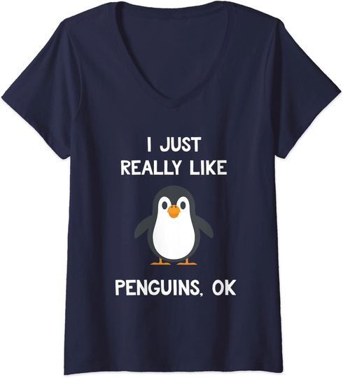 T-shirt de Mulher com Decote Em V Pinguim I Just Really Like Penguins Ok