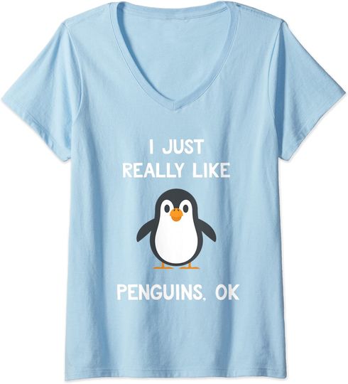 Discover T-shirt de Mulher com Decote Em V Pinguim I Just Really Like Penguins Ok