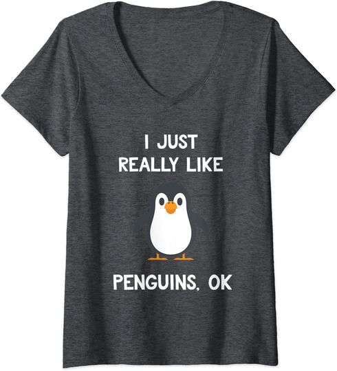 Discover T-shirt de Mulher com Decote Em V Pinguim I Just Really Like Penguins Ok