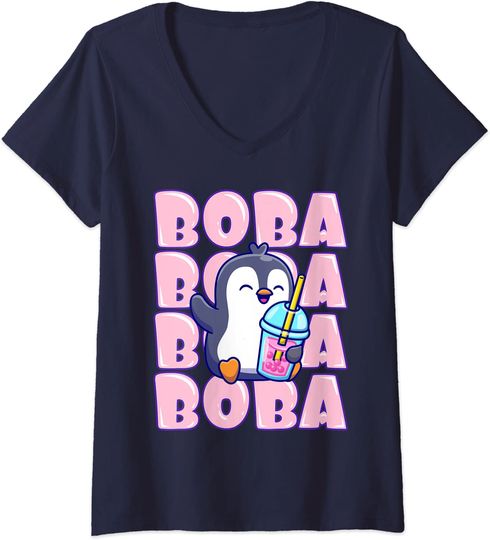 T-shirt de Mulher com Decote Em V Pinguim Chá de Bolhas Boba