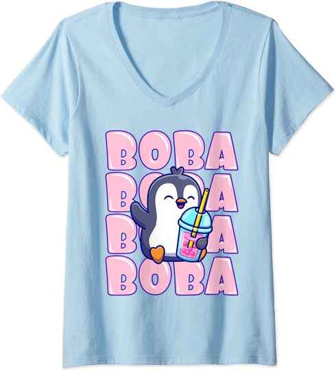Discover T-shirt de Mulher com Decote Em V Pinguim Chá de Bolhas Boba
