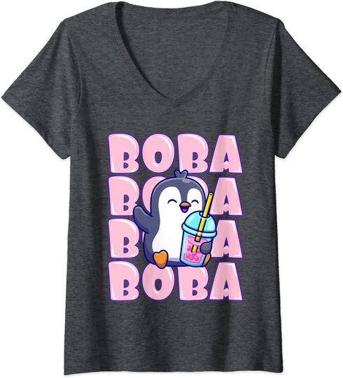 Discover T-shirt de Mulher com Decote Em V Pinguim Chá de Bolhas Boba