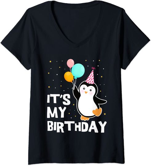 Discover T-shirt de Mulher com Decote Em V Presente de Aniversário Pinguim