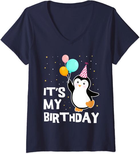 T-shirt de Mulher com Decote Em V Presente de Aniversário Pinguim