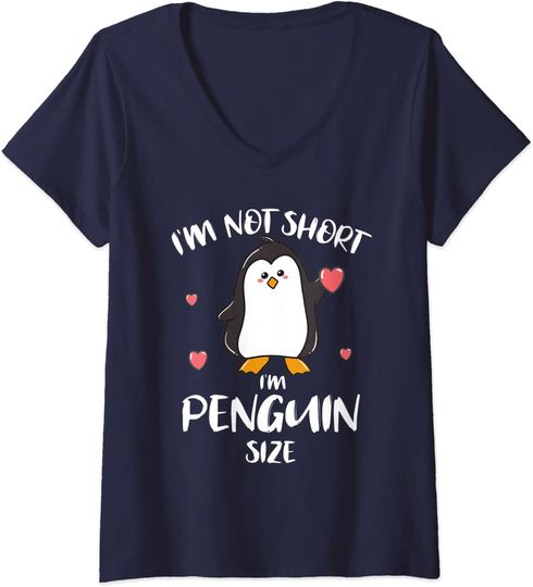 T-shirt de Mulher com Decote Em V Pinguim E Coração I’m Not Short I’m Penguin Size