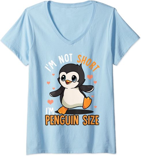 Discover T-shirt de Mulher com Decote Em V Pinguim Feliz I’m Not Short I’m Penguin Size