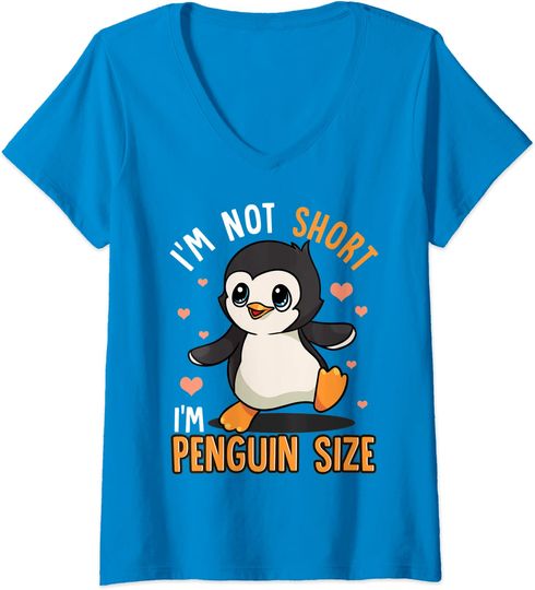 Discover T-shirt de Mulher com Decote Em V Pinguim Feliz I’m Not Short I’m Penguin Size