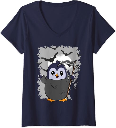 Discover T-shirt de Mulher com Decote Em V Pinguim Morte Halloween