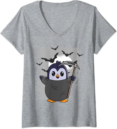 Discover T-shirt de Mulher com Decote Em V Pinguim Morte Halloween