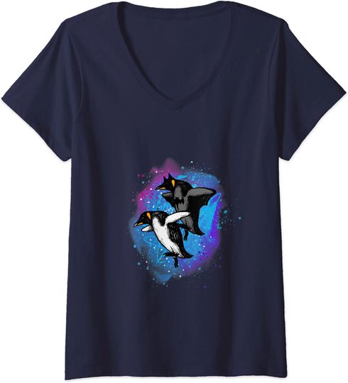 Discover T-shirt de Mulher com Decote Em V Pinguim Galáxia