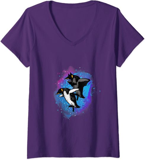 Discover T-shirt de Mulher com Decote Em V Pinguim Galáxia