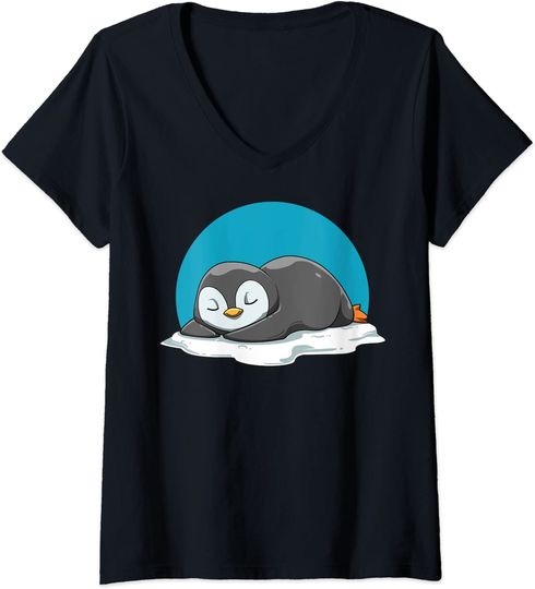 Discover T-shirt de Mulher com Decote Em V Pinguim Preguiçoso