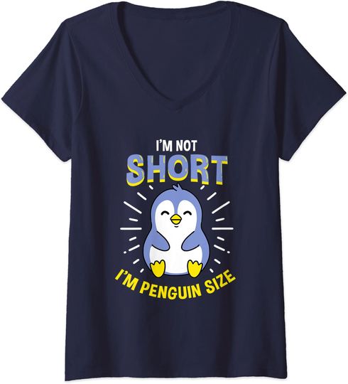 Discover T-shirt de Mulher com Decote Em V Pinguim Brilhantes I’m Not Short I’m Penguin Size