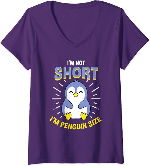 Discover T-shirt de Mulher com Decote Em V Pinguim Brilhantes I’m Not Short I’m Penguin Size