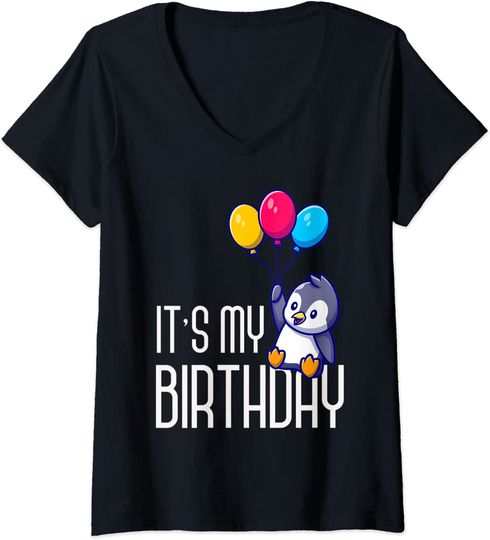 Discover T-shirt de Mulher com Decote Em V Pinguim Segurando Balões Presente de Aniversário