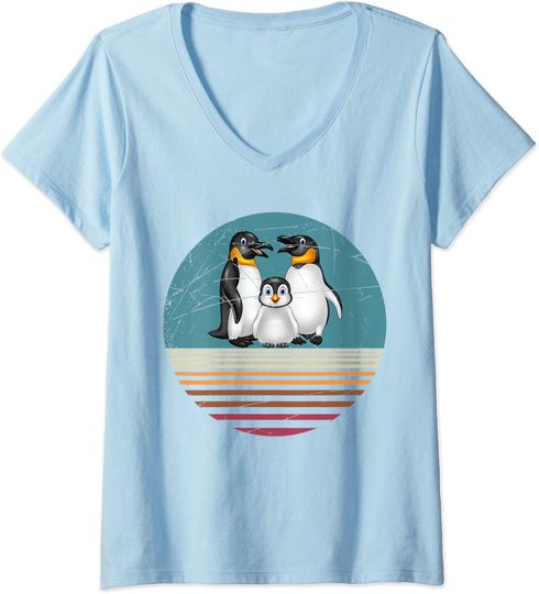 Discover T-shirt de Mulher com Decote Em V Retrô Família de Pinguins