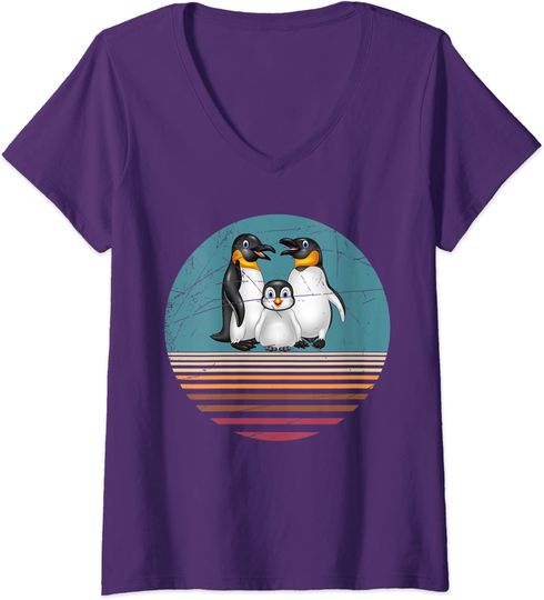 Discover T-shirt de Mulher com Decote Em V Retrô Família de Pinguins