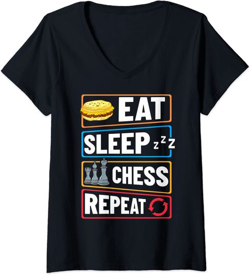 Discover T-shirt de Mulher com Decote Em V Eat Sleep Chess Repeat