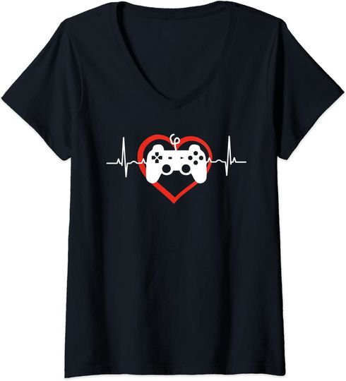 Discover T-shirt de Mulher com Decote Em V Jogos e Batimento de Coração