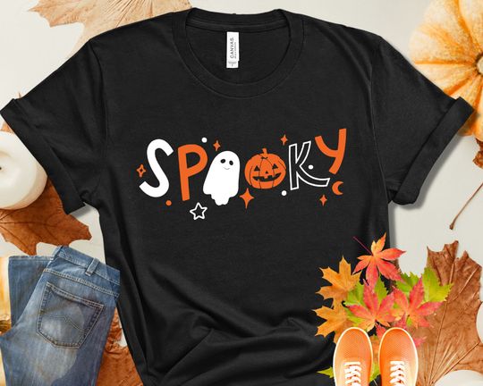 Discover T-shirt para Homem e Mulher Spooky Abóbora Fantasma Halloween