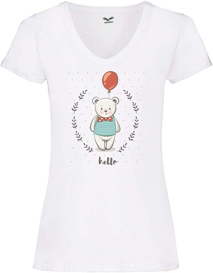 Discover T-shirt de Mulher com Decote Em V Urso Fofo e Balão