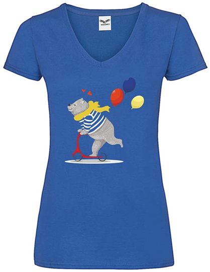 Discover T-shirt de Mulher com Decote Em V Urso e Balões Coloridos