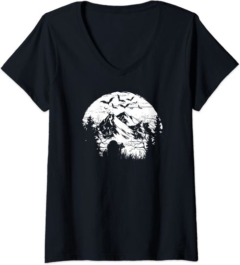Discover T-shirt para Mulher Halloween Spooky Montanha do Horror Decote em V