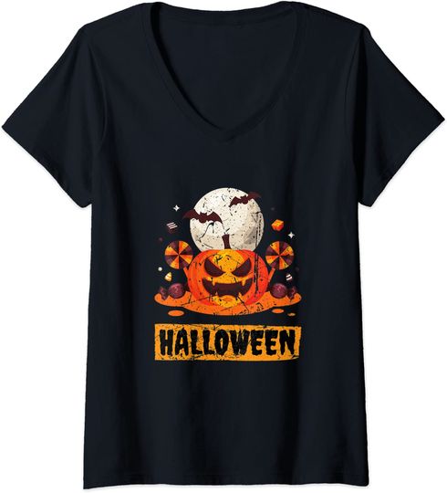 Discover T-shirt para Mulher Halloween Spooky Night com Abóbora Decote em V