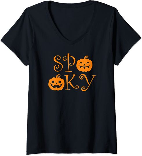 Discover T-shirt para Mulher Spooky Halloween com Abóbora Decote em V