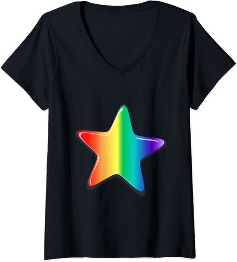 Discover T-shirt de Mulher com Decote Em V Estrela do Arco-Íris LGBT