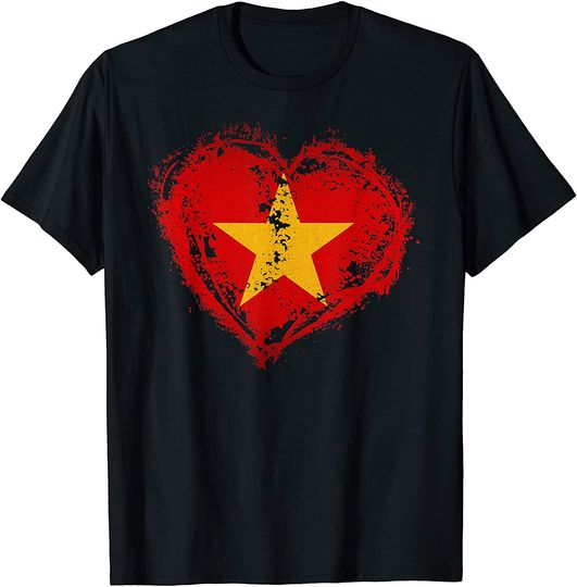 Discover T-Shirt Unissexo Manga Curta Vintage Bandeira Do Vietname Em Formato do Coração