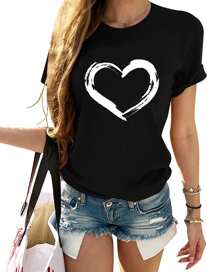 Discover Camiseta de Mulher Manga Curta Desenho de Coração Em Preto-Branco Simples