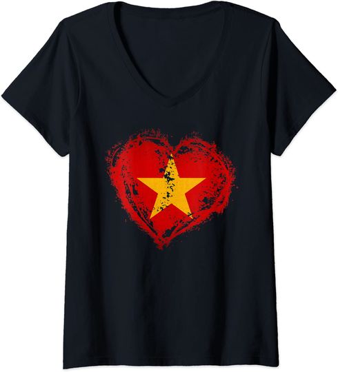 Discover T-shirt de Mulher com Decote Em V Bandeira do Vietnã Em Formato de Coração