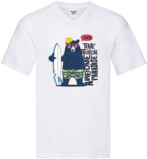 Discover T-shirt Unissexo com Decote Em V Urso Viagem Surfe