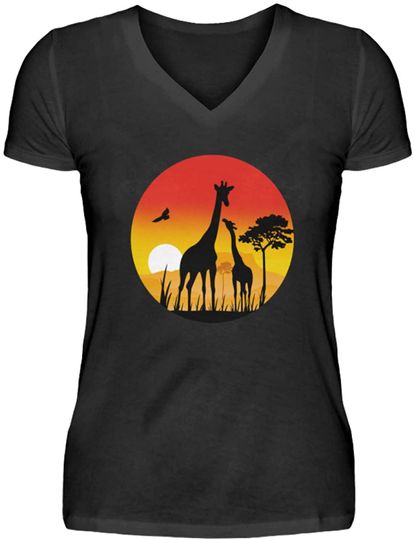Discover Camiseta Unissexo com Decote Em V Manada de Girafas Sob O Pôr do Sol