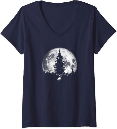 Discover T-shirt de Mulher com Decote Em V Floresta de Pinheiros Sob O Luar À Noite