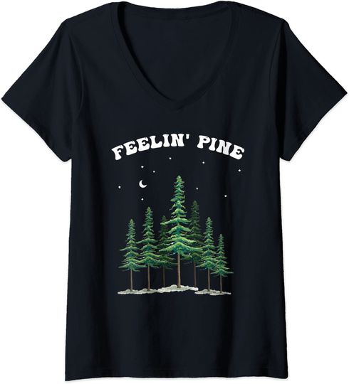 Discover T-shirt de Mulher com Decote Em V Floresta de Pinheiros à Noite