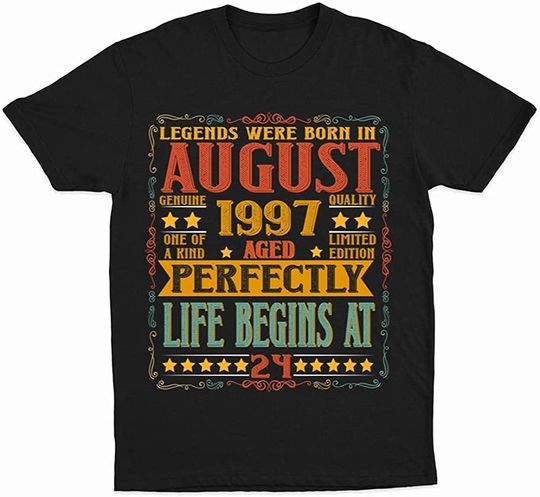 T-Shirt Camisete Manga Curta para Homem e Mulher Vintage Agosto 1997 Presente de Aniversário