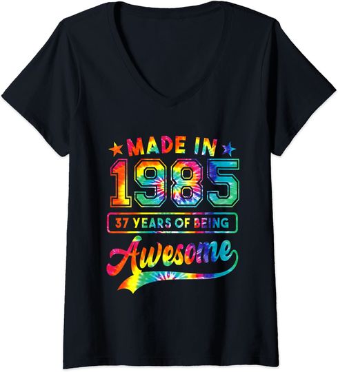 T-shirt Camisete de Mulher com Decote Em V aquarela Made In 1985 Presente de Aniversário de 37 Anos