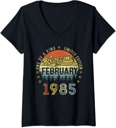 T-shirt Camiseta de Mulher com Decote Em V Awesome Since February 1985