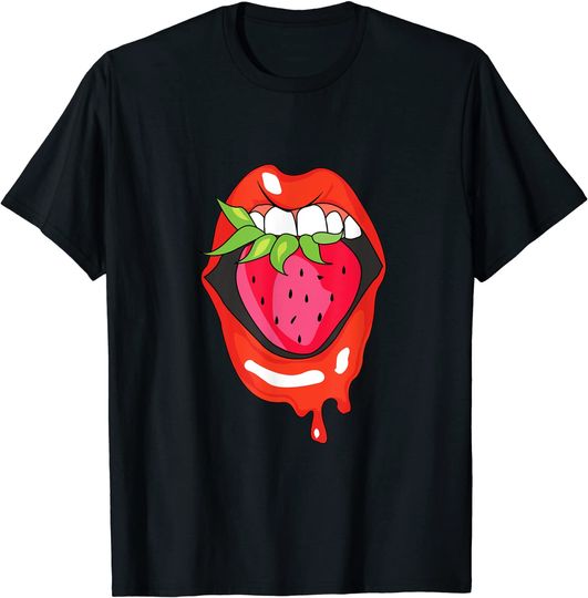 Discover T-shirt Vegan Morango Fruta Saudável Verão Delicioso Vegan Lábios e Morango