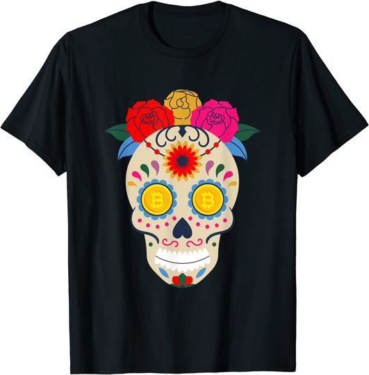 Discover Camiseta Engraçada da Festa do Crânio Bitcoin do Dia dos Mortos | T Shirt Manga Curta para Homem e Mulher