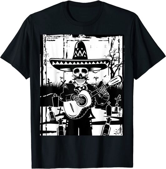 Discover T-Shirt Camisete Manga Curta para Homem e Mulher Esqueleto Guitarrista