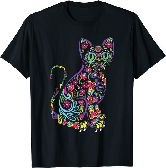 Discover T-Shirt Camisete Manga Curta para Homem e Mulher Gato do Crânio do Açúcar Dia dos Mortos