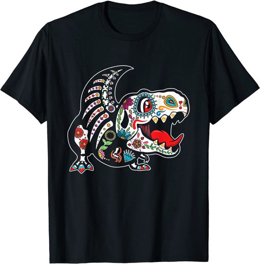 Discover T-Shirt Camisete Manga Curta para Homem e Mulher Dia dos Mortos Açúcar Crânio de Dinossauro