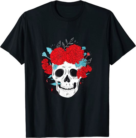 Discover T-Shirt Camiseta Unissexo Manga Curta Fantasia Dia dos Mortos Crânio Floral