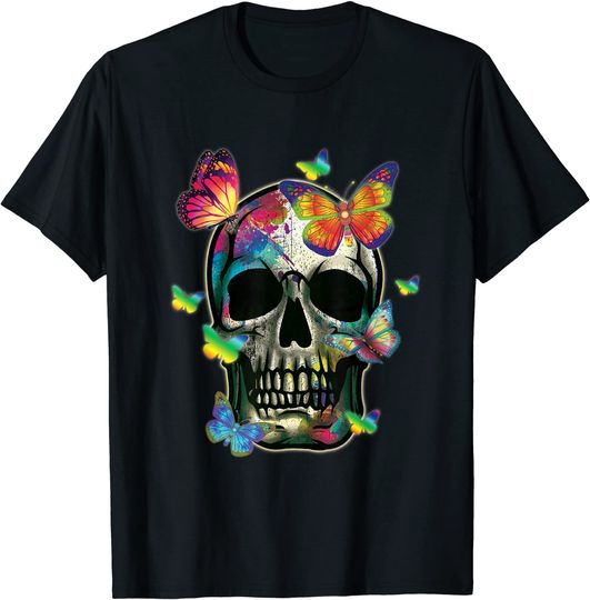 T-Shirt Camiseta Manga Curta para Homem e Mulher Day Of The Dead Crânio e Borboleta Colorida