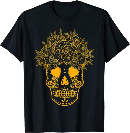 Discover T-Shirt Camiseta Manga Curta para Homem e Mulher Dia dos Mortos Crânio com Flores