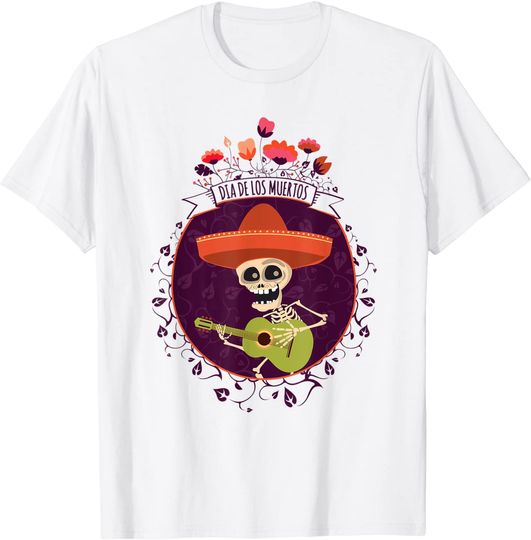 Discover T-Shirt Camisete Manga Curta para Homem e Mulher Dia dos Mortos Esqueleto Guitarra