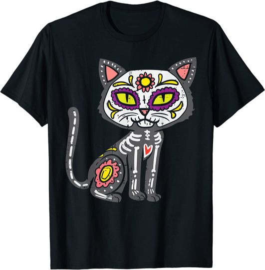 Discover Dia dos Mortos Gato Crânio Açúcar | T-Shirt Camiseta Manga Curta para Homem e Mulher